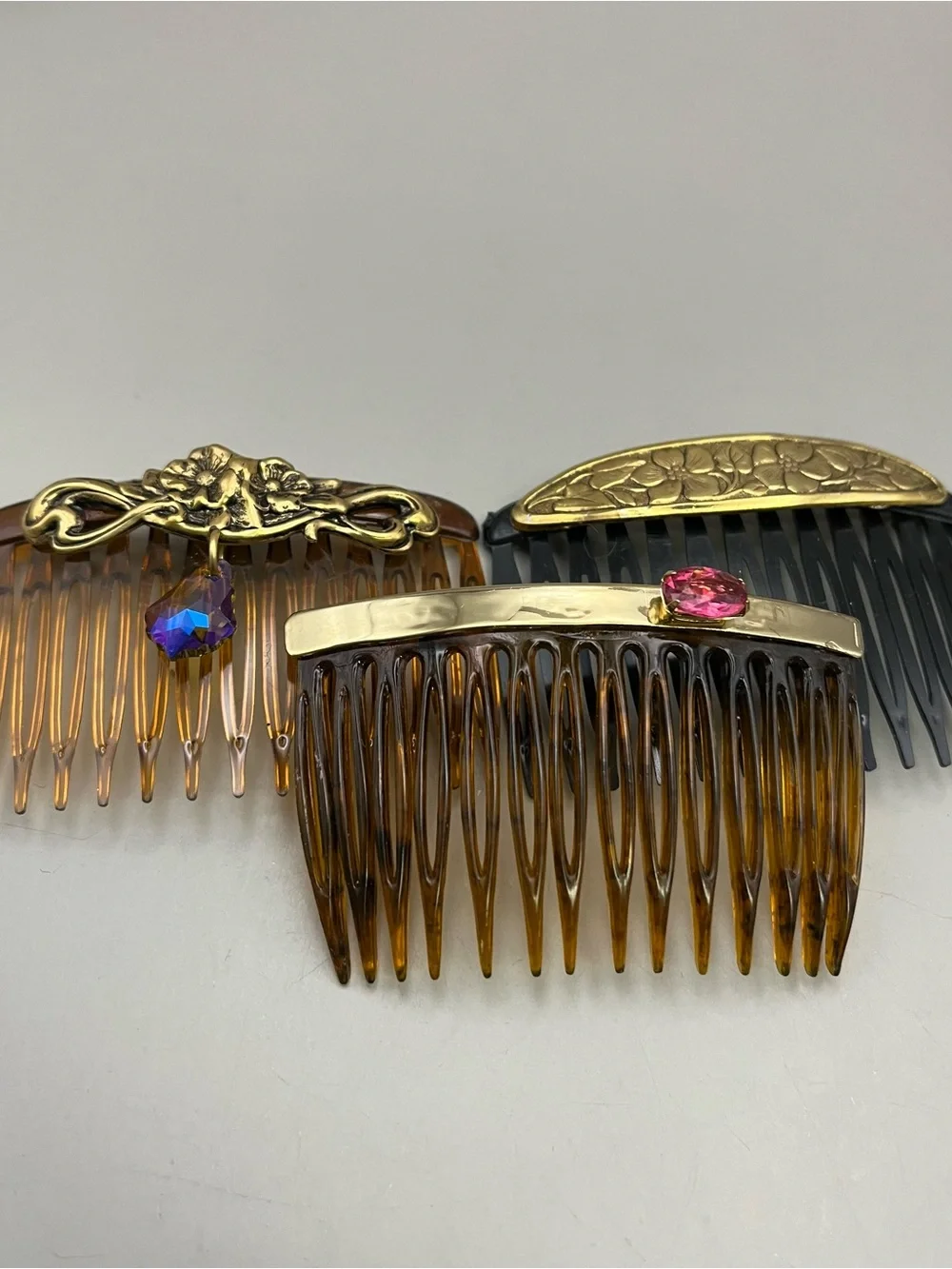Vtg Lot 3 Hair Combs | Gold Tone Floral Tortoise Black | Art Nouveau Victorian